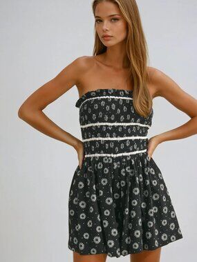 Black Floral Strapless Romper